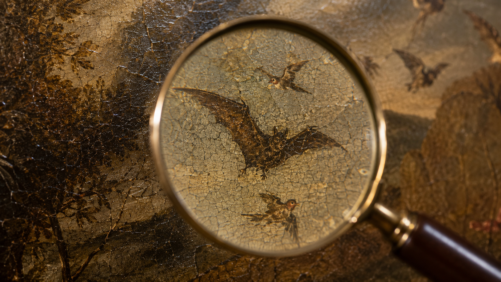 Une loupe grossit le détail d'une toile ancienne craquelée montrant une chauve-souris et des oiseaux