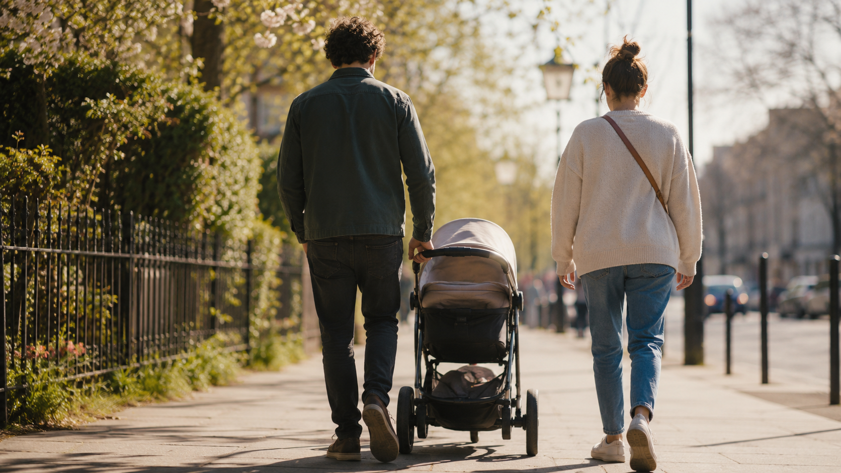 Une jeune famille vue de dos avec une poussette marchant sur un trottoir au printemps