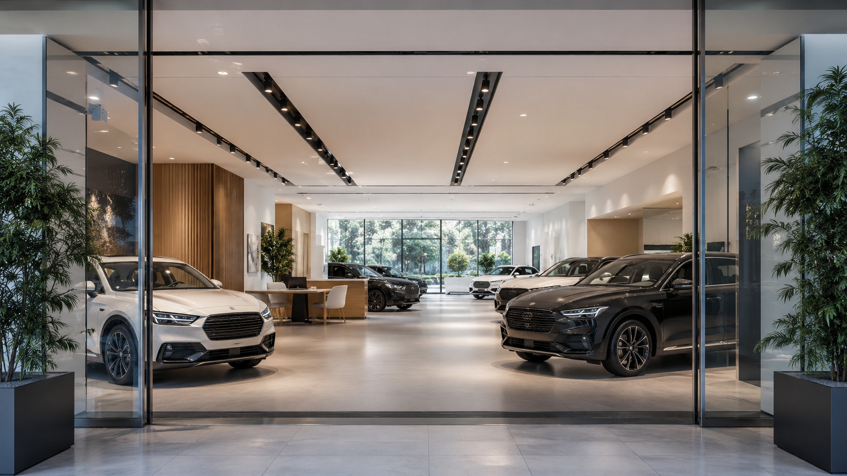 Hall de concession automobile moderne avec des voitures neuves