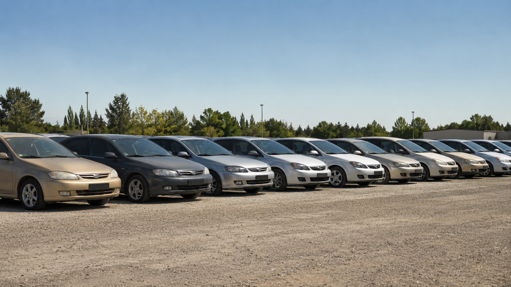 Rangée de voitures d'occasion ordinaires sur un parking ensoleillé