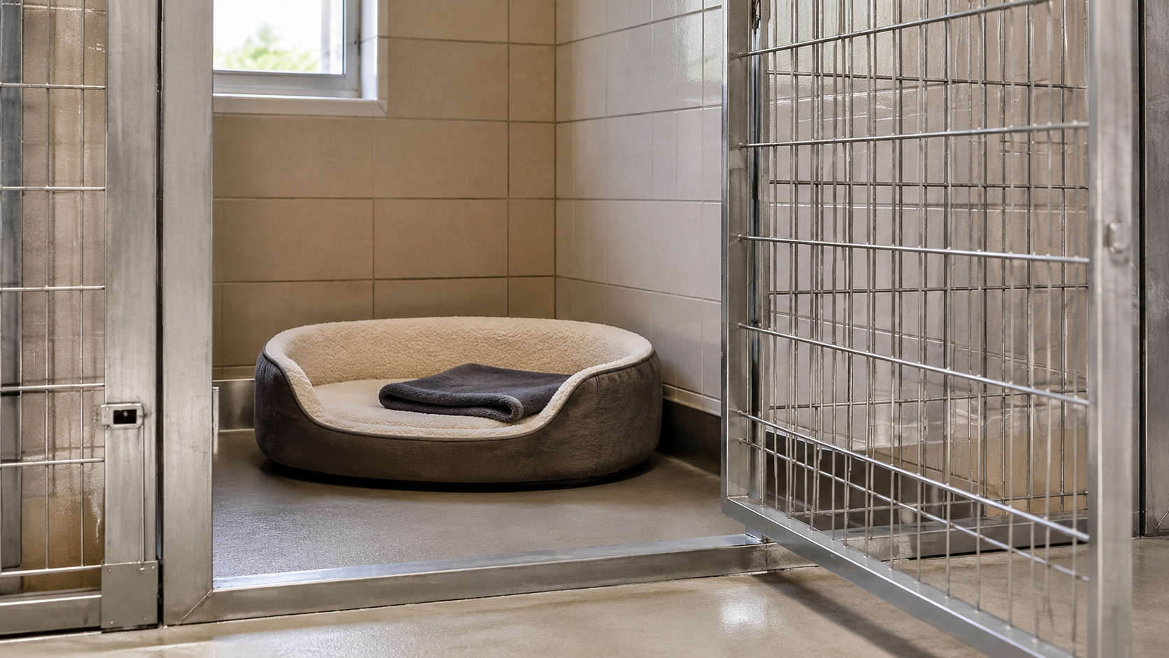 Un box de refuge propre et vide, porte ouverte