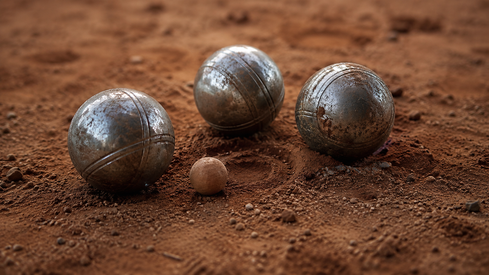 Boules de pétanque posées sur la terre battue près du cochonnet