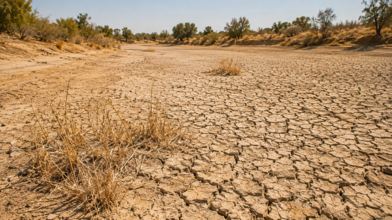 Un lit de rivière asséché à la terre craquelée sous un soleil d'été