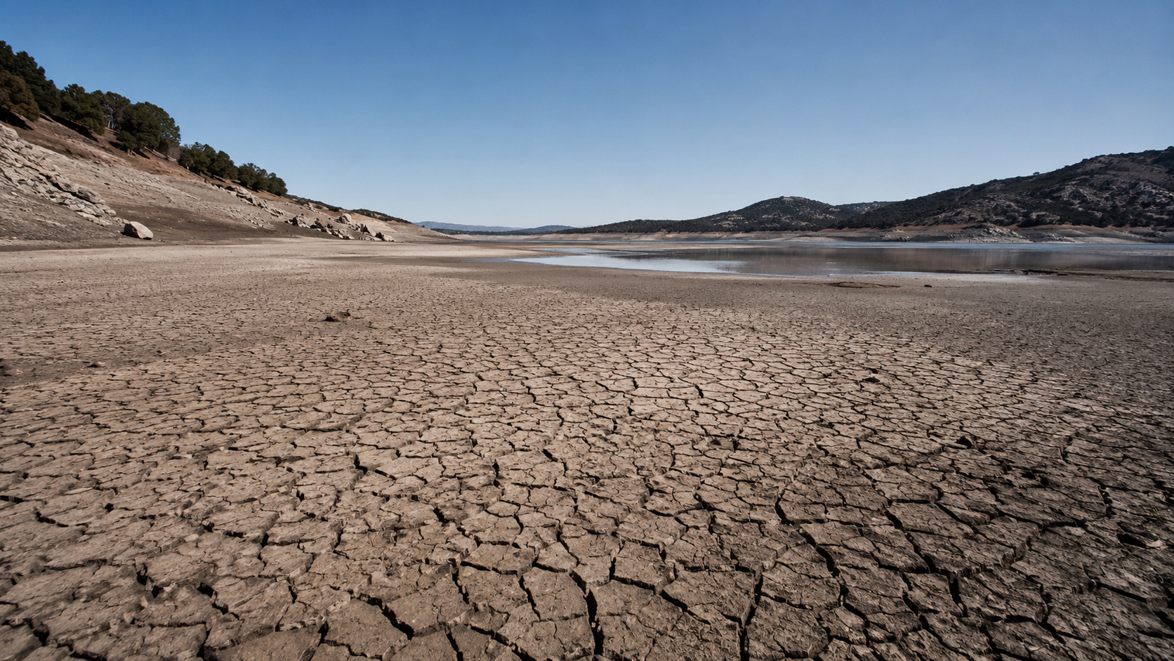 Le fond craquelé d'un lac presque vide, la rive découverte par la baisse de l'eau