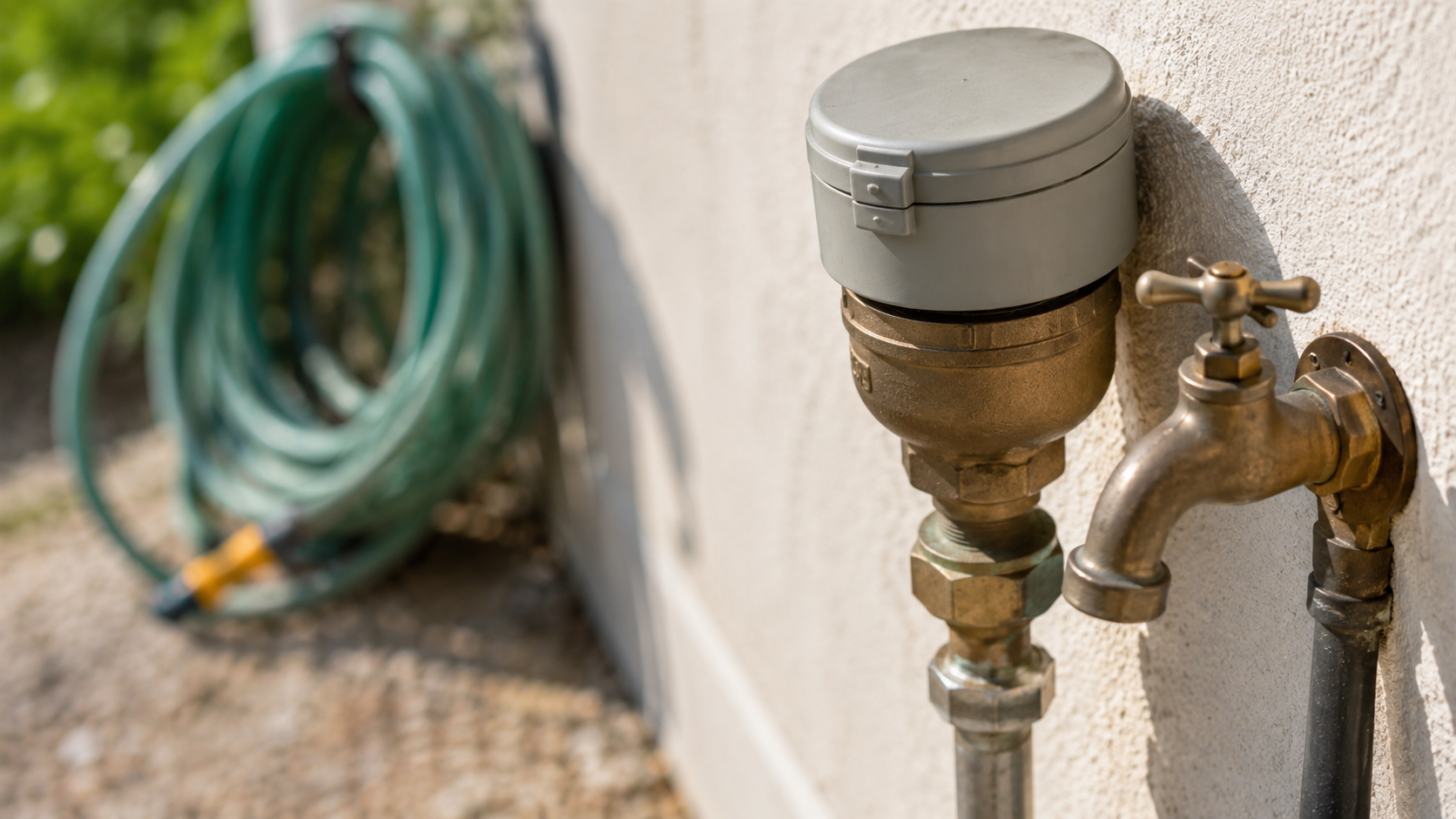 Un compteur d'eau extérieur et un robinet de jardin fermé sur un mur en plein jour