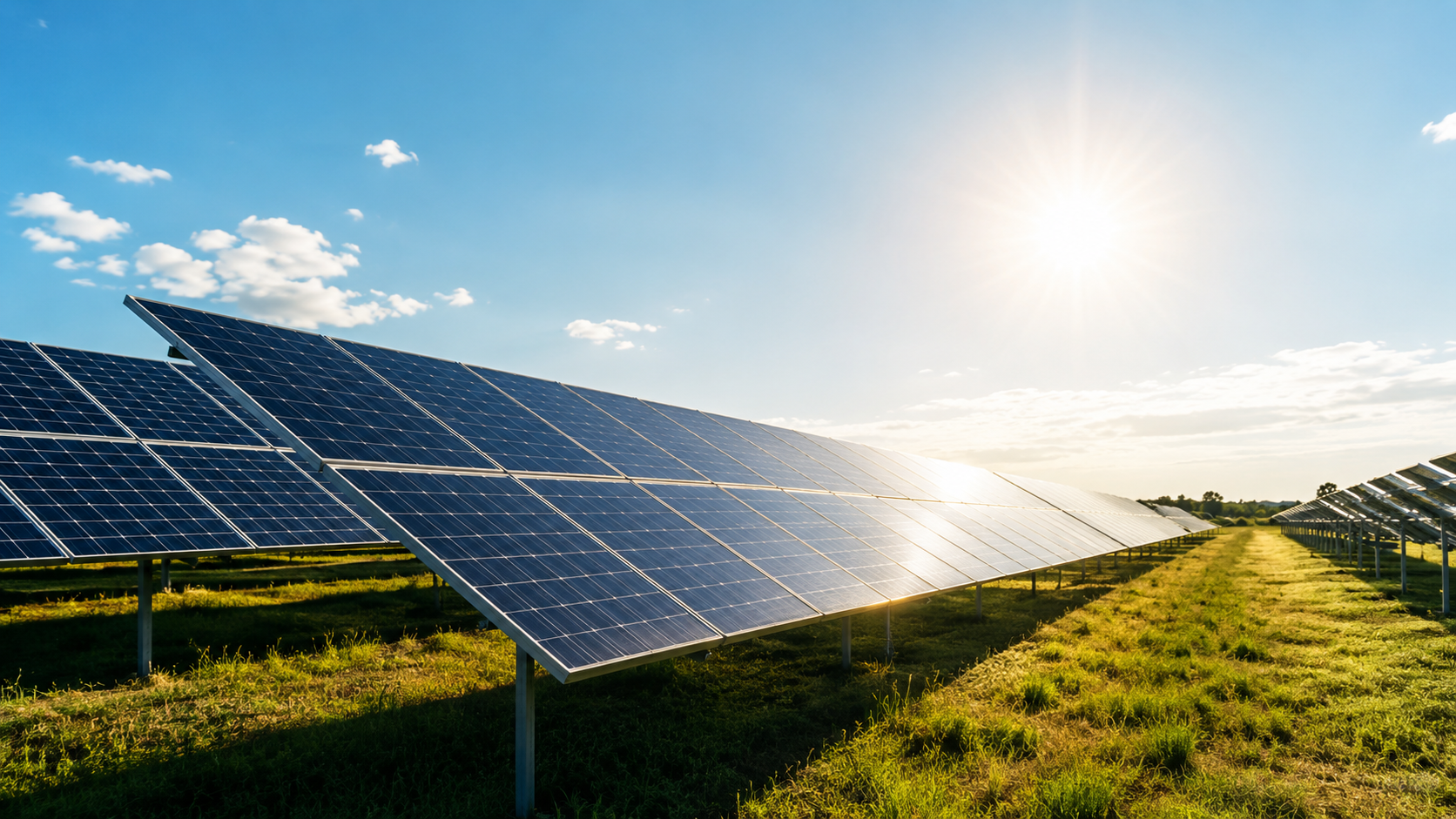 Champ de panneaux solaires photovoltaïques aligné en plein soleil