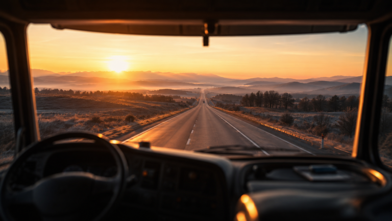 Route longue vue depuis l'intérieur d'une cabine de camion au lever du jour