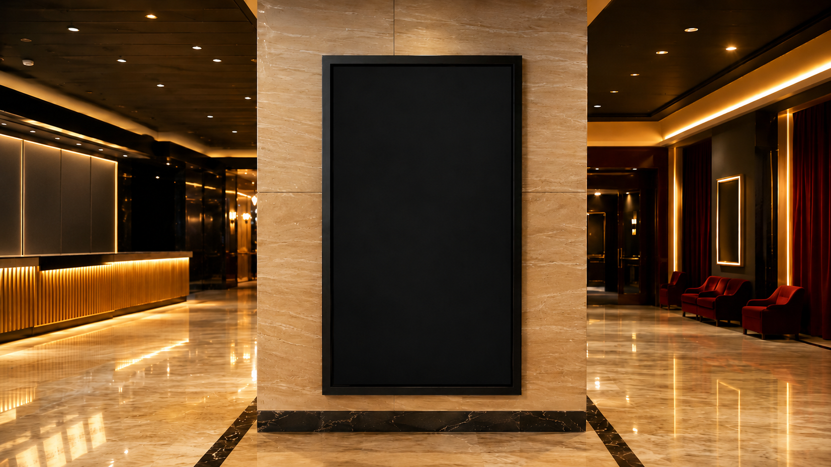 Hall de cinéma avec un panneau d'affichage éteint et sans texte
