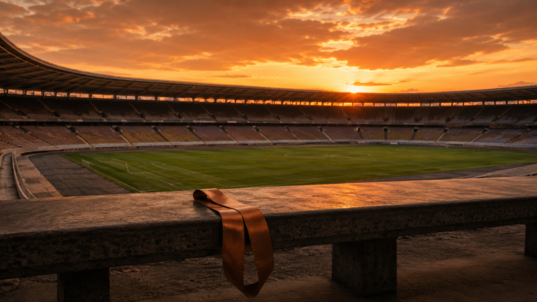 Grand stade au crépuscule sous un ciel aux teintes bronze, gradins à moitié remplis et pelouse verte