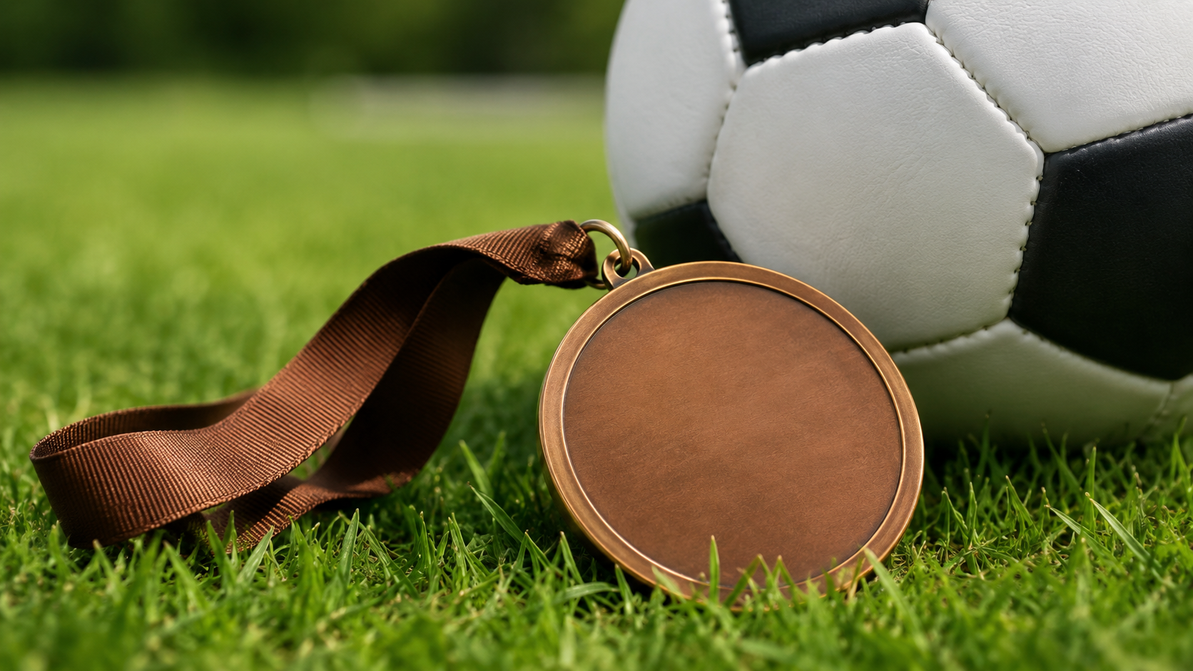 Une médaille de bronze posée sur l'herbe verte à côté d'un ballon de football
