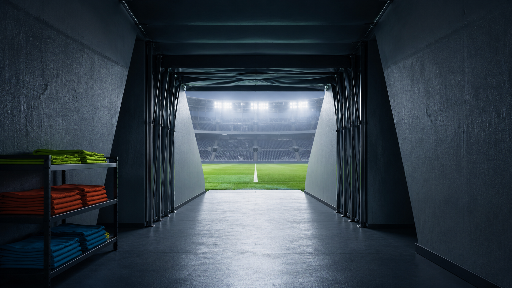 Un tunnel de stade vide débouchant sur une pelouse éclairée, avec des chasubles pliées sur le côté