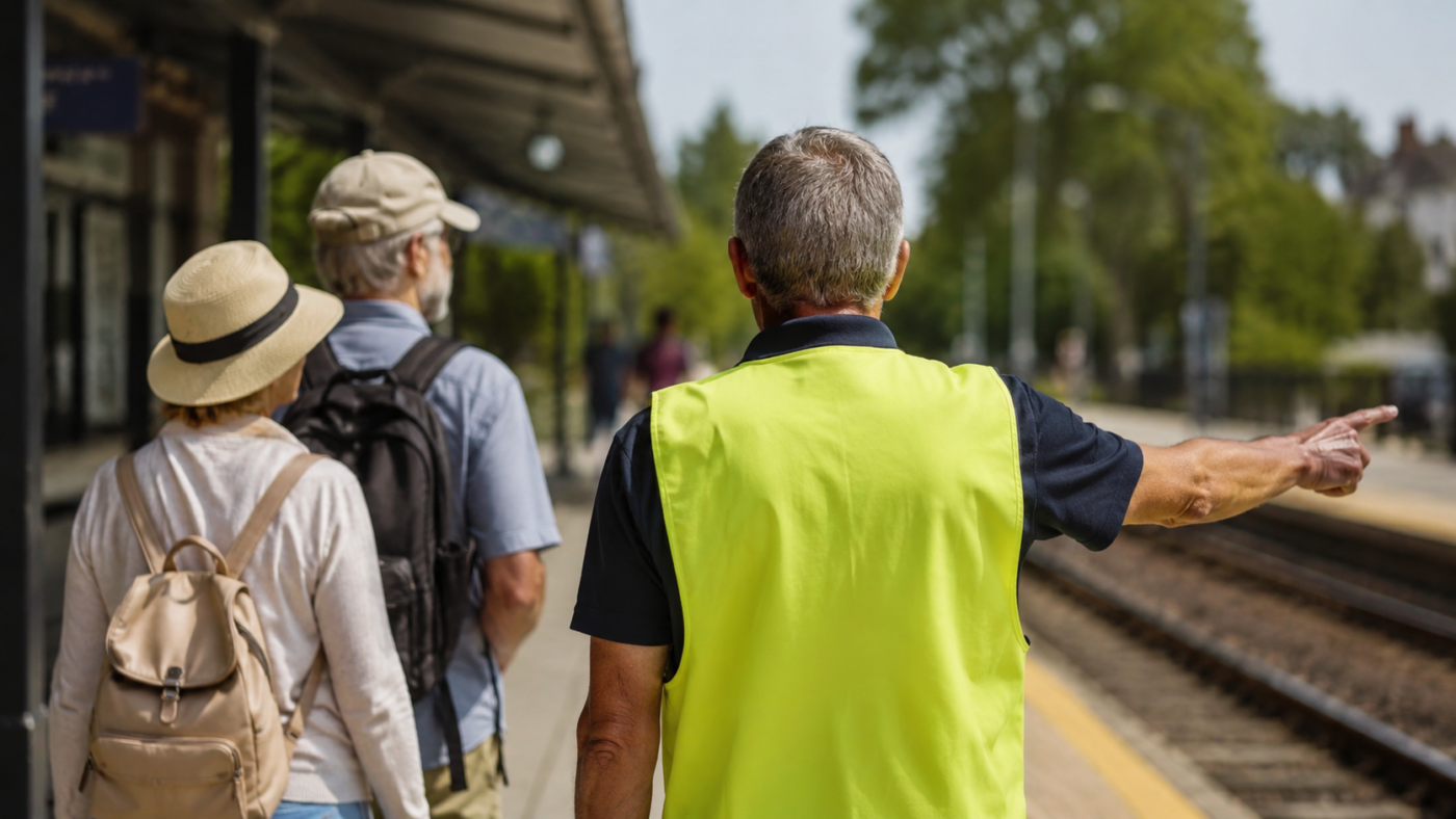 Un bénévole en chasuble, vu de dos sur un quai de gare, indique la direction à des visiteurs