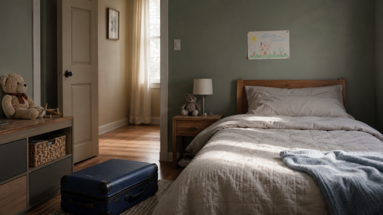 Une chambre d'enfant simple et rangée, une petite valise posée près du lit, un dessin au mur