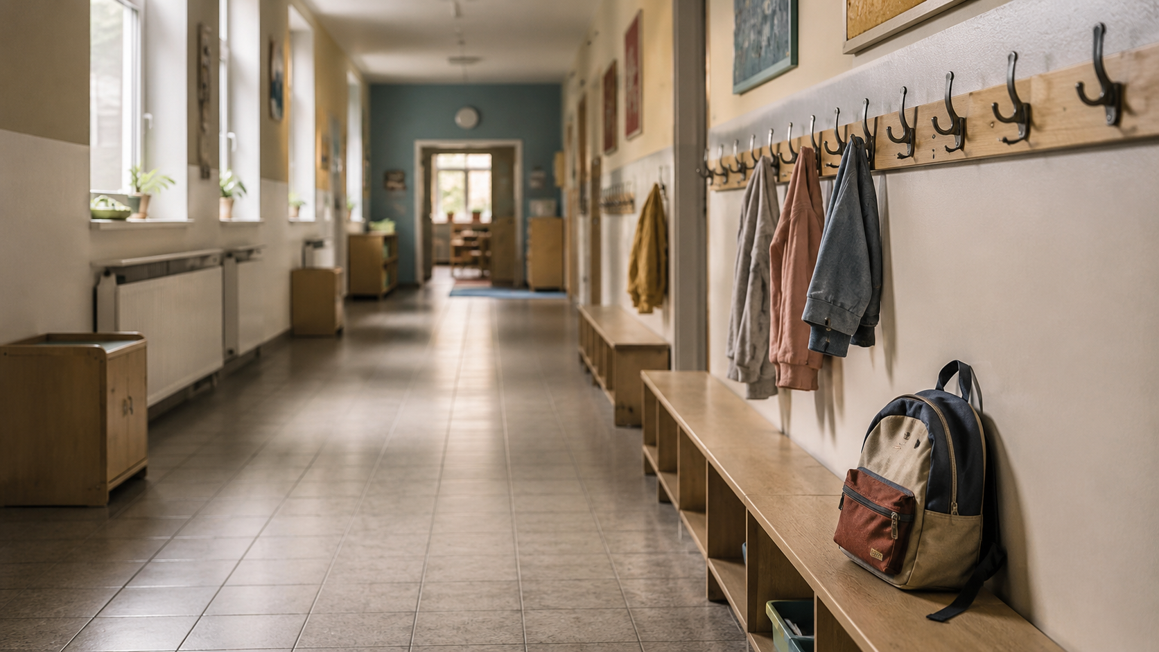 Le couloir calme d'un foyer pour enfants, des patères et un cartable posé sur un banc