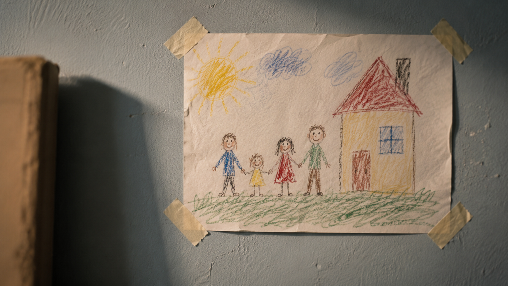 Un dessin d'enfant représentant une maison et une famille, scotché sur un mur