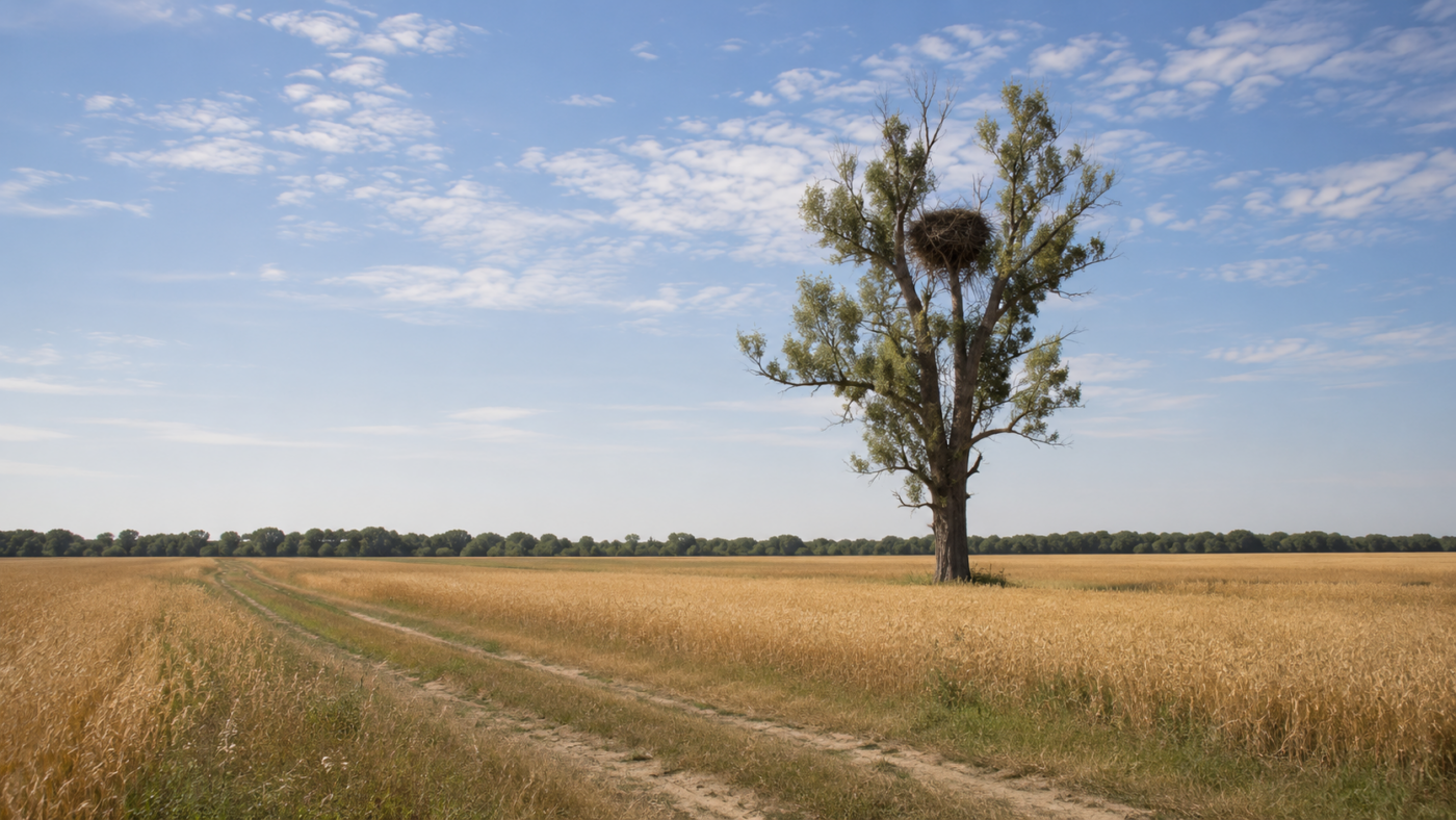 Grand nid de branches installé au sommet d'un peuplier isolé au milieu d'une plaine de blé, sous un ciel d'été