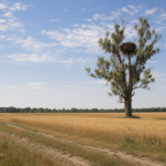 Grand nid de branches installé au sommet d'un peuplier isolé au milieu d'une plaine de blé, sous un ciel d'été