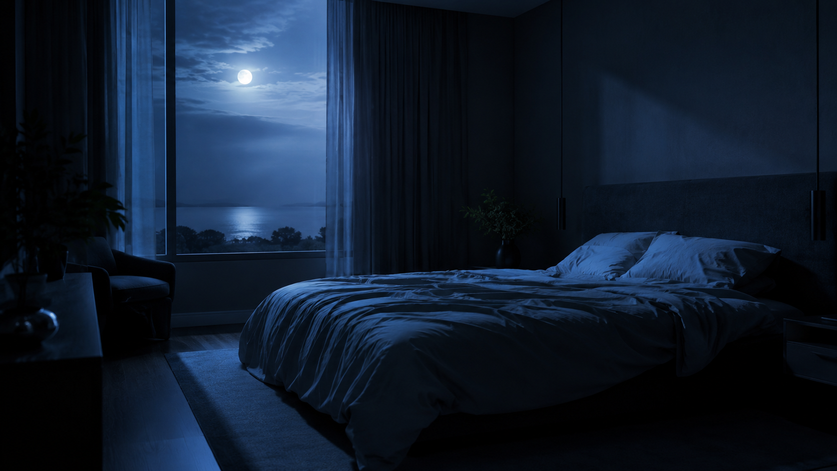 Une chambre calme et sombre la nuit, un lit vide sous une faible lumiere