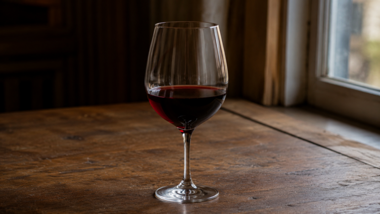 Un unique verre de vin rouge posé sur une table en bois dans une lumière douce, le reste de la pièce dans l'ombre