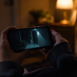 Mains anonymes tenant un smartphone la nuit, l'ecran montrant la vue d'une camera de sonnette sur une porte d'entree