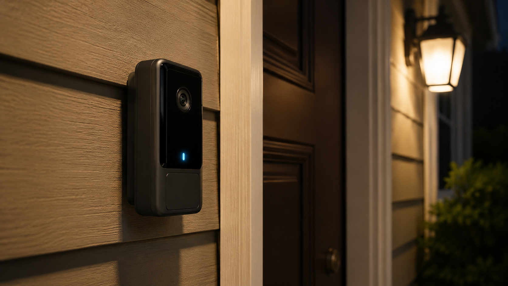 Sonnette connectee a camera fixee a cote d'une porte d'entree la nuit, petite LED lumineuse