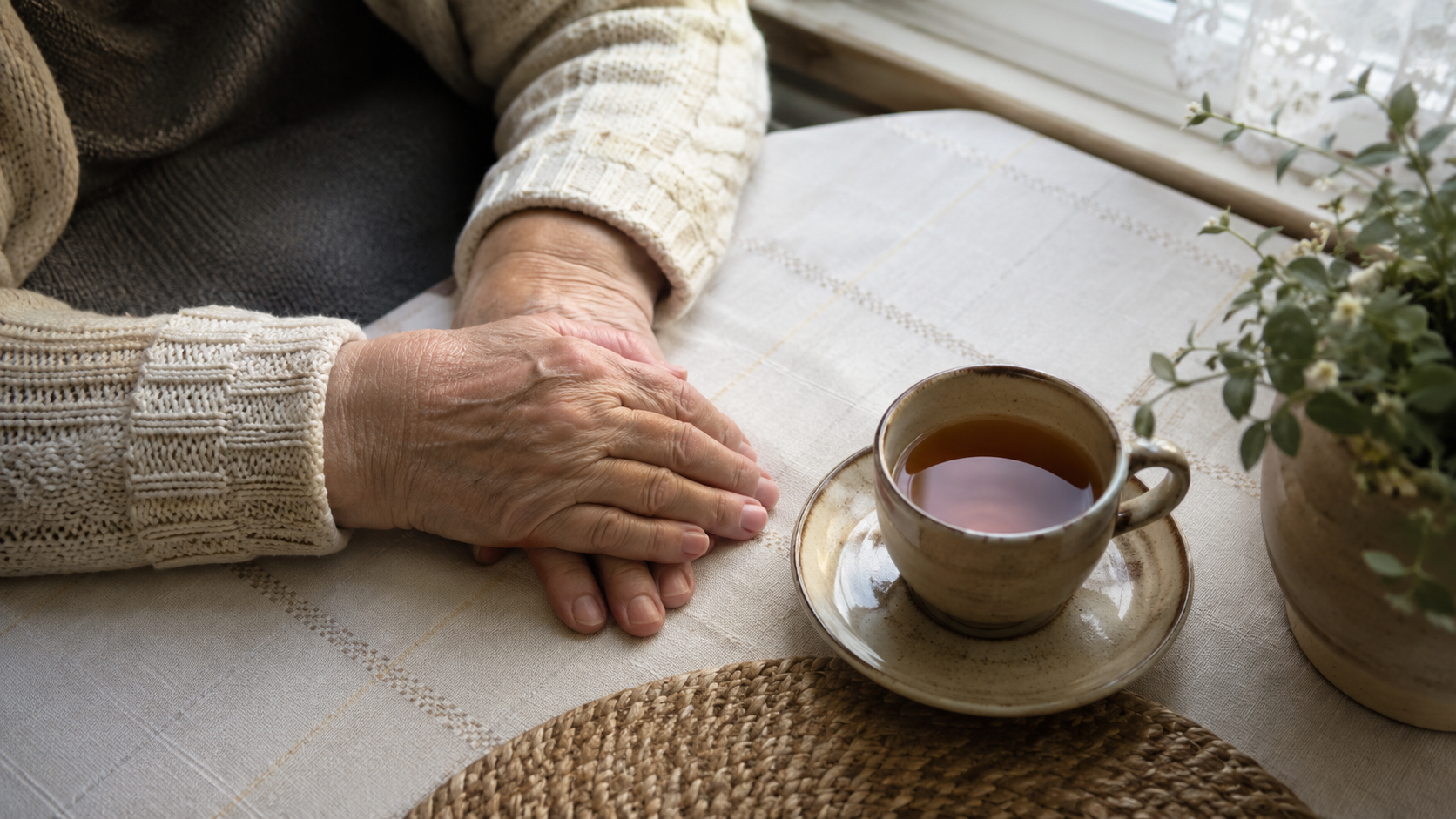 Mains d'une personne agee posees sur une table de cuisine a cote d'une tasse de the, vues de dessus