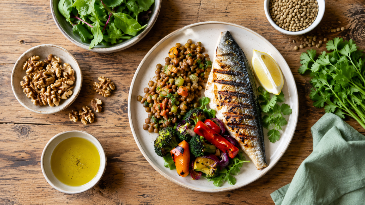 Assiette mediterraneenne peu inflammatoire vue de dessus : legumes, lentilles, noix et huile d'olive