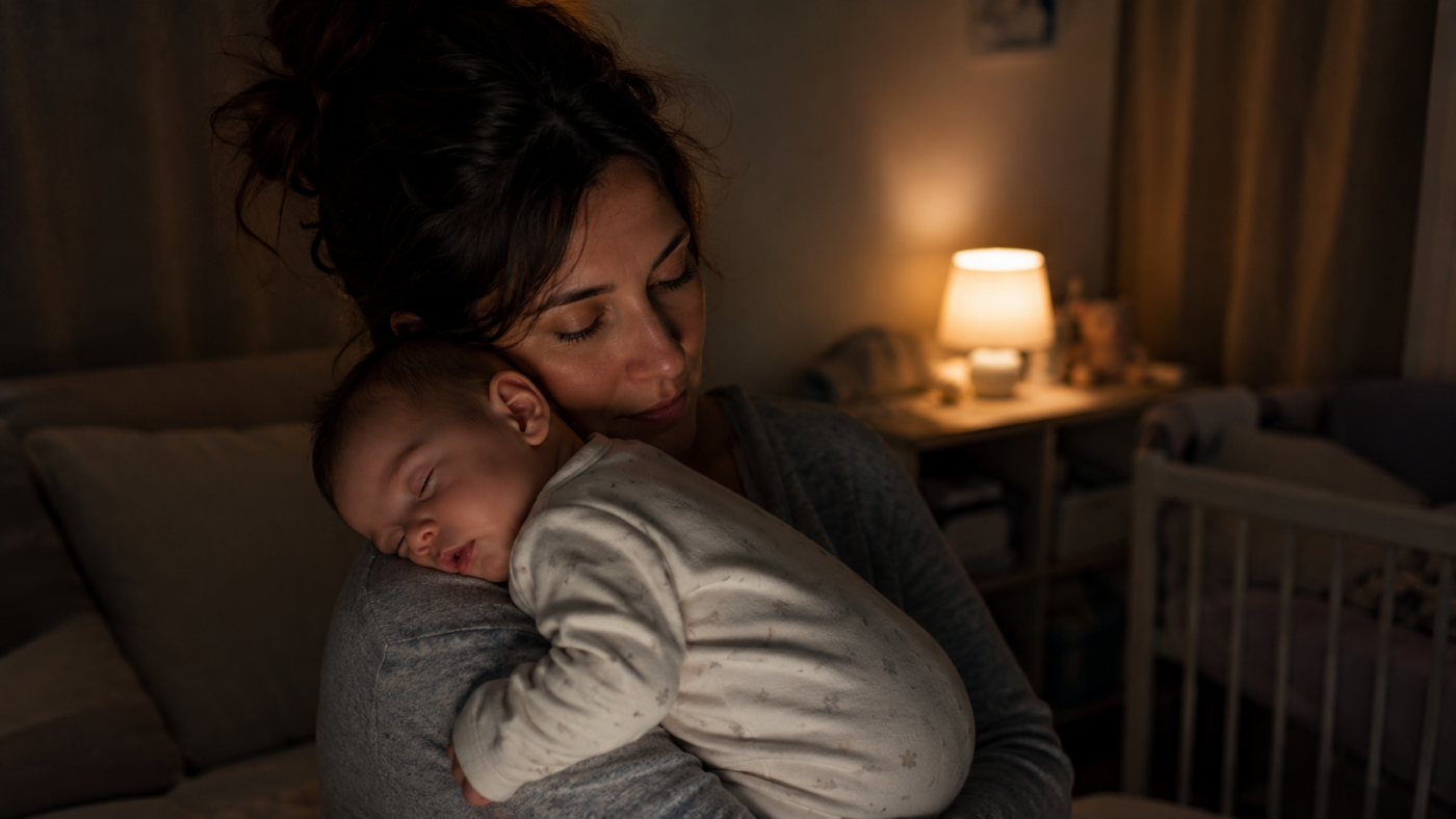 Un parent berce un nourrisson endormi dans une chambre tamisee la nuit