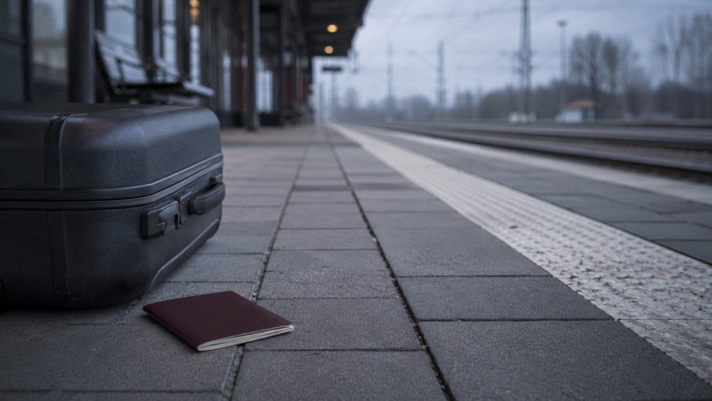 Une valise et un passeport posés sur le quai désert d'une gare allemande générique au petit matin.