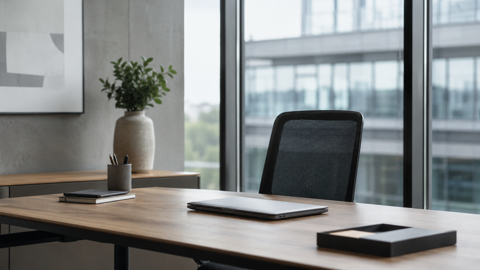 Un bureau moderne vide, ordinateur portable fermé et chaise inoccupée.