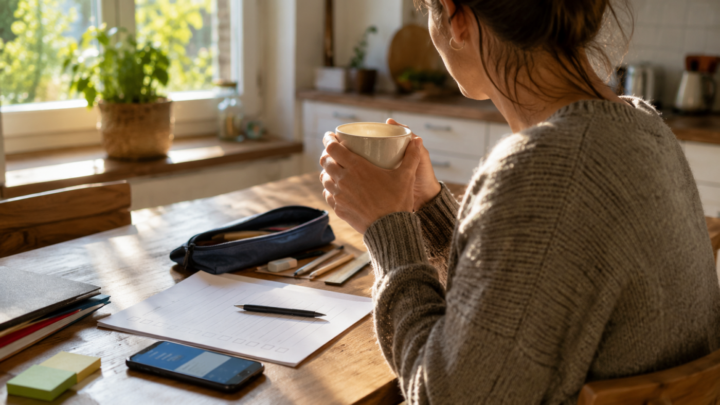 Un parent à une table de cuisine ensoleillée avec une liste de fournitures, une trousse et un smartphone affichant une application bancaire