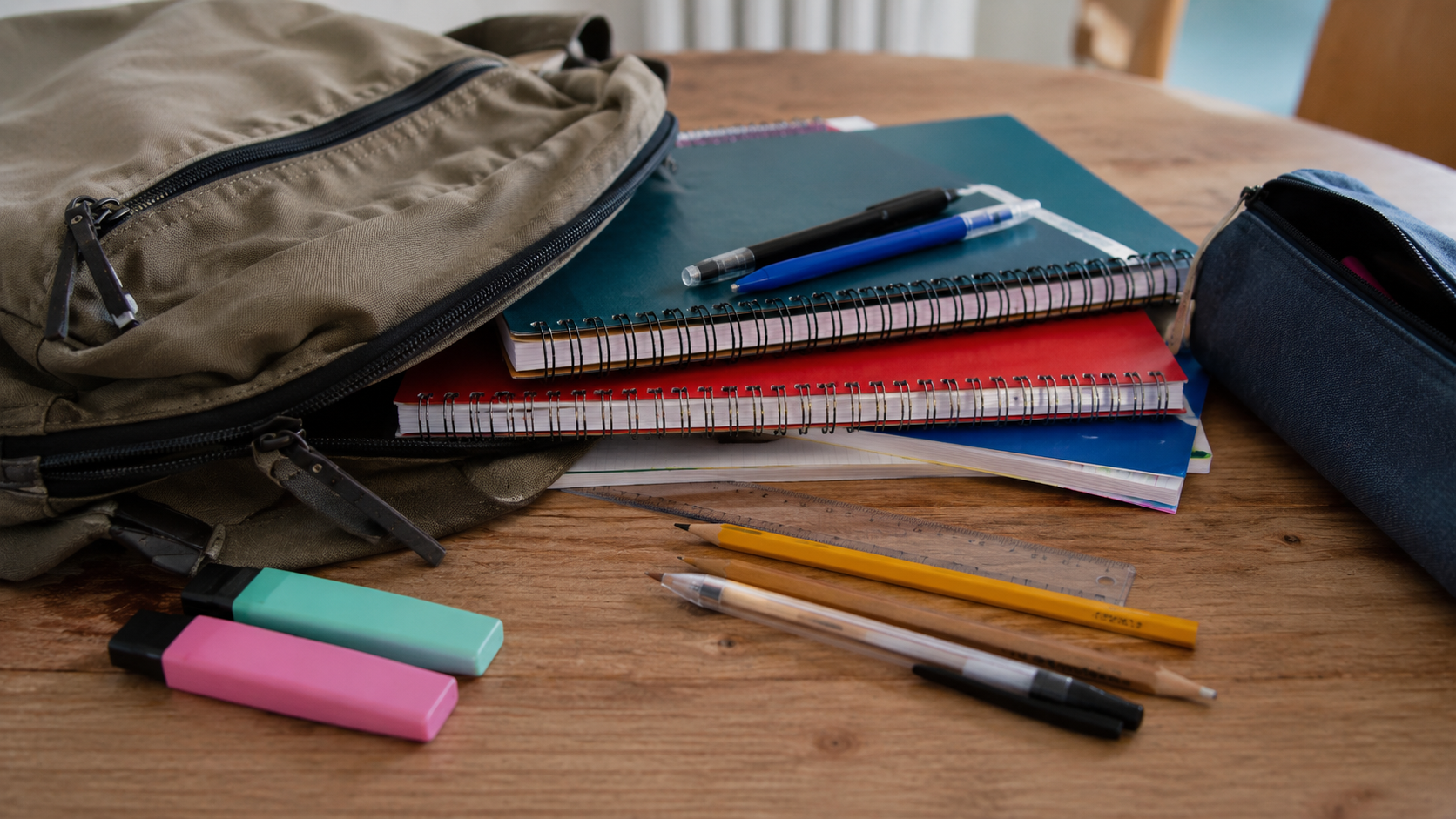 Des fournitures scolaires posées sur une table en bois, un cartable, des cahiers, des stylos et une règle