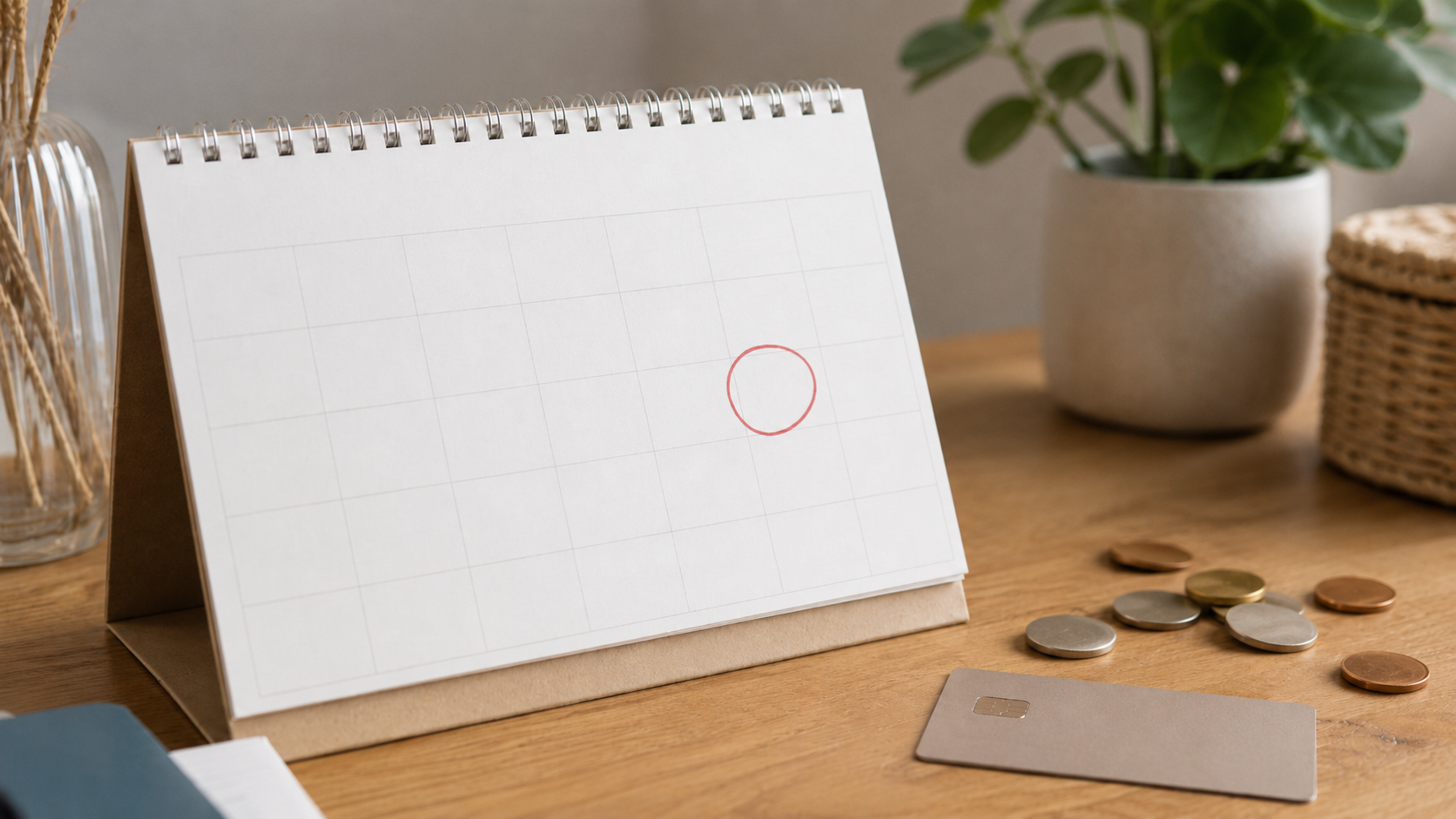Un calendrier de bureau montrant le mois d'août, avec quelques pièces de monnaie et une carte bancaire à côté