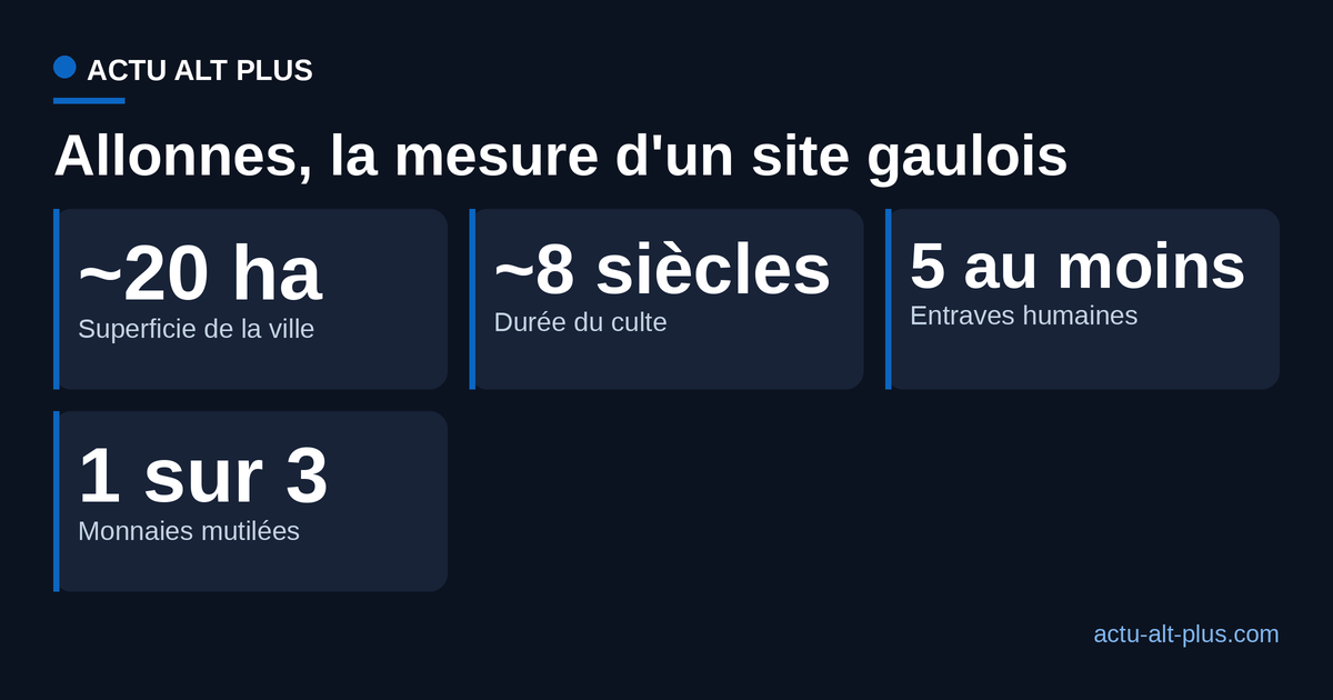Repères chiffrés du site gaulois d'Allonnes : une vingtaine d'hectares, près de huit siècles de culte, au moins cinq entraves humaines et un tiers des monnaies mutilées.