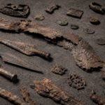 Objets gaulois en fer corrodé, fragments d'épée et petites monnaies oxydées disposés sur un feutre gris