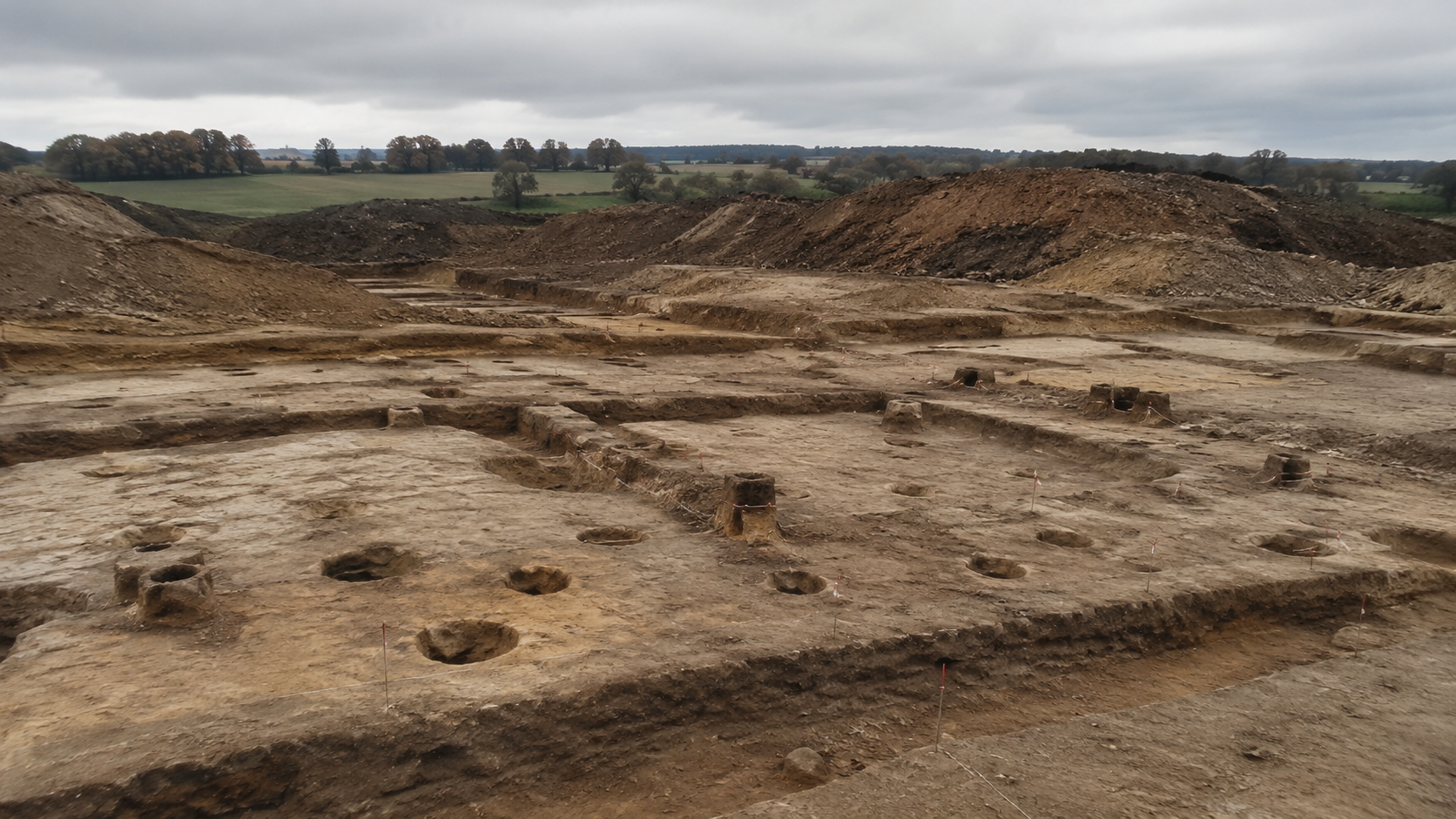 Site de fouille archéologique à ciel ouvert, tranchées et trous de poteau dégagés sous un ciel gris