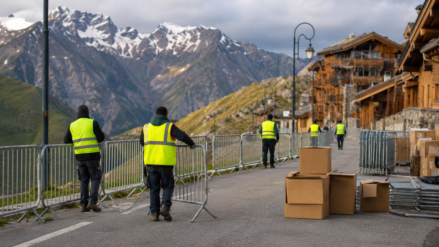 Des bénévoles en gilet fluo, vus de dos, installent des barrières le long d'une route de montagne