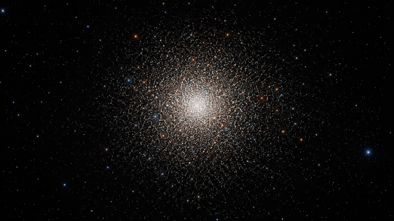 Amas globulaire dense d'etoiles rouges, blanches et bleues sur fond noir, evoquant NGC 6426.