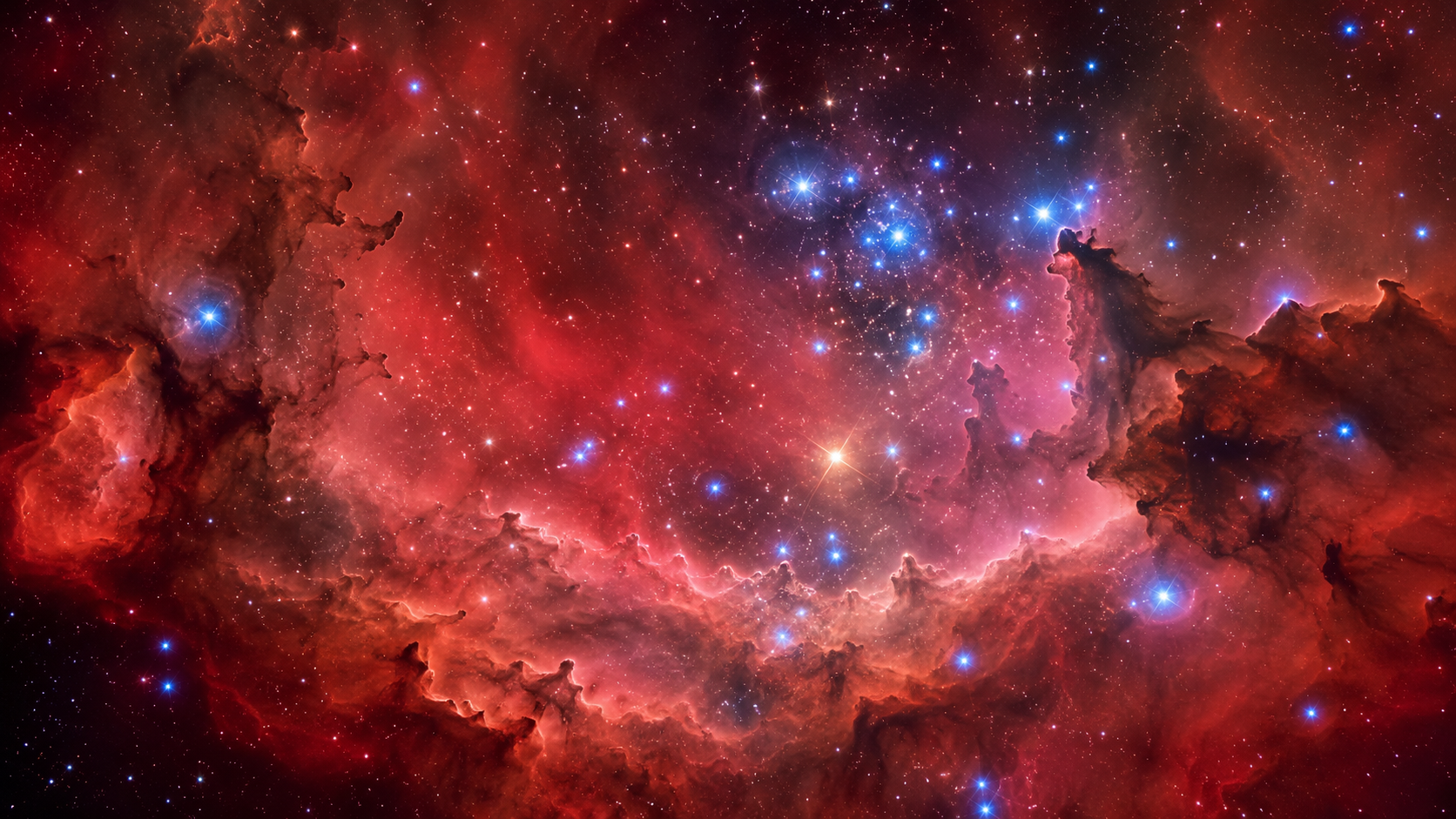 Nuages d'hydrogene rouge parcourus de poussiere sombre, semes de jeunes etoiles bleues et blanches.