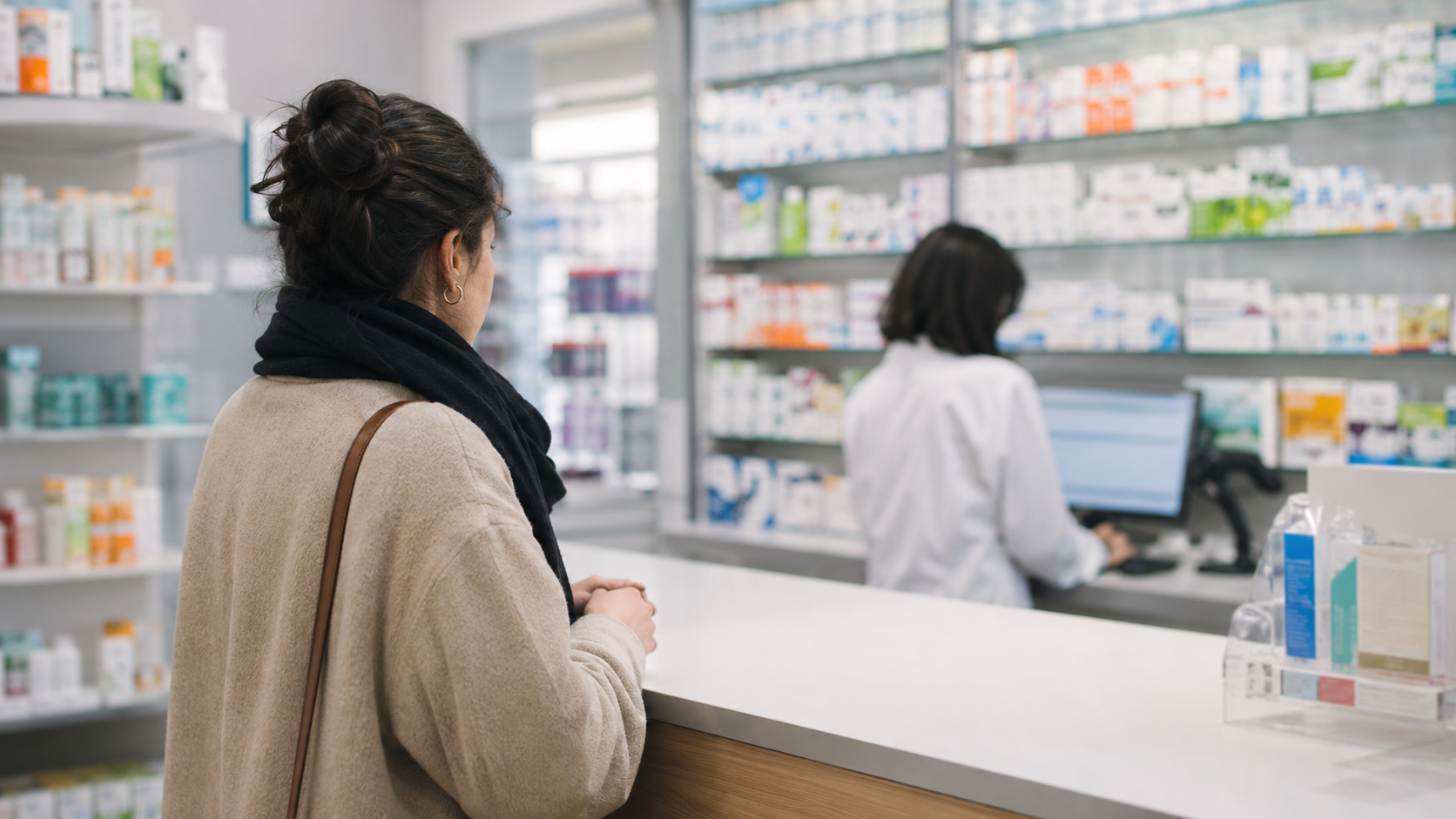 Une personne au comptoir d'une pharmacie, un écran tourné hors de sa vue.