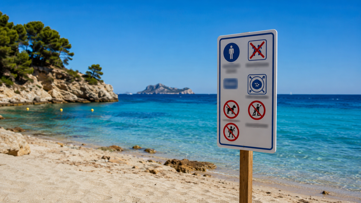 Un panneau de réglementation vierge sur une plage méditerranéenne ensoleillée.