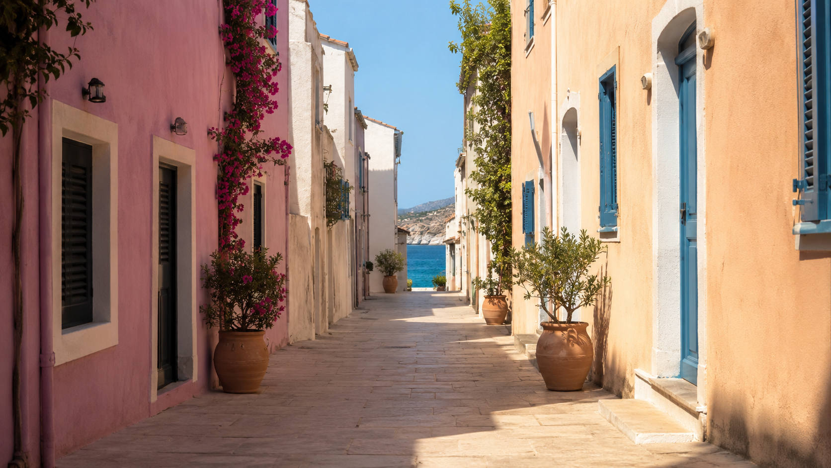 Une ruelle déserte et ensoleillée d'une ville balnéaire.