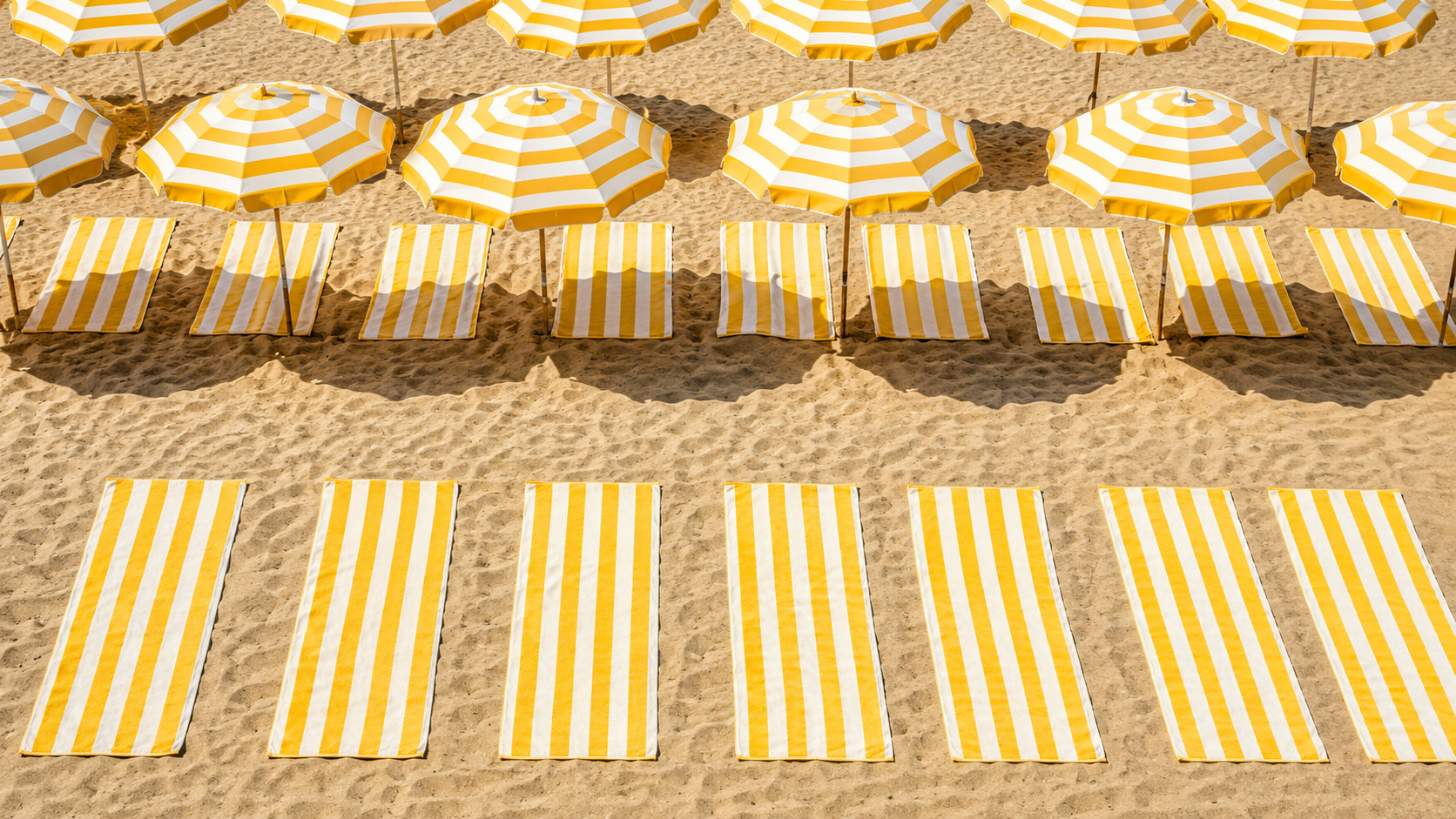 Serviettes et parasols alignés sur le sable, sans personne.