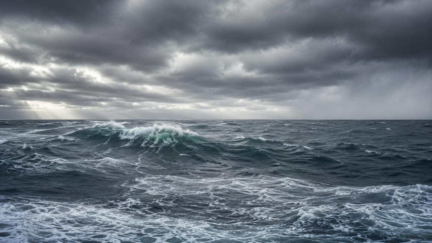 Haute mer de l'Atlantique Nord, longue houle gris-vert sous un ciel bas et couvert