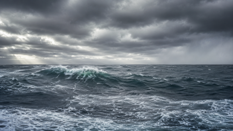 Haute mer de l'Atlantique Nord, longue houle gris-vert sous un ciel bas et couvert