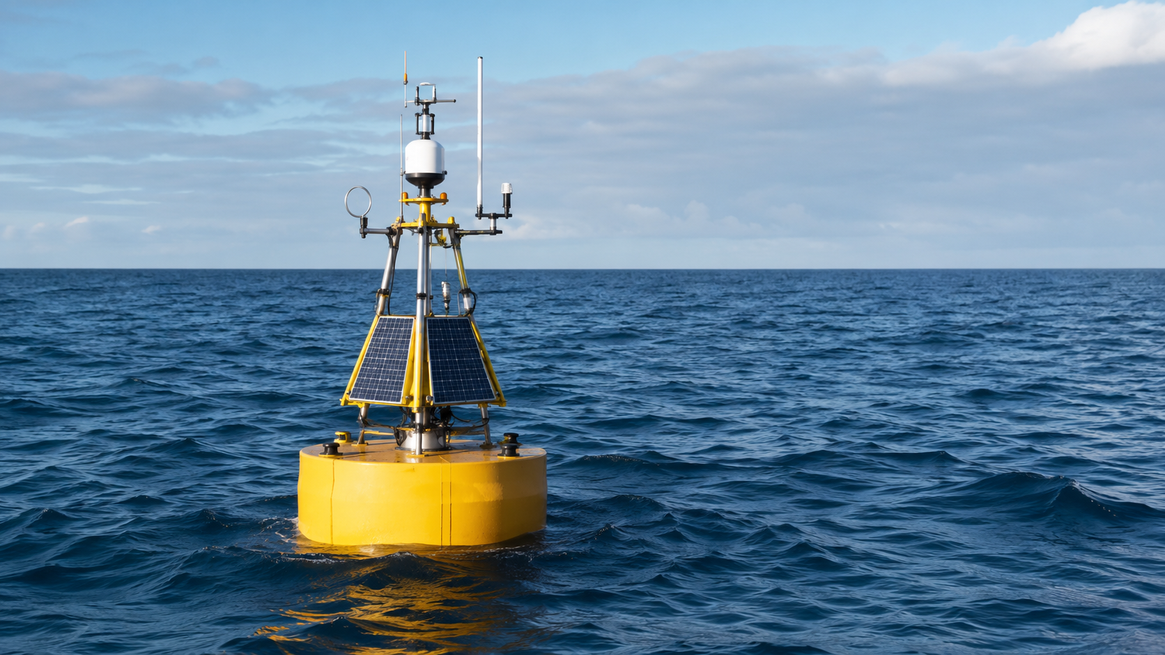 Bouée océanographique jaune à la dérive en pleine mer, mât d'instruments visible