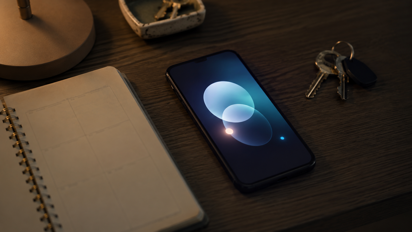 Un smartphone à l'écran éclairé de graphismes abstraits, posé sur un bureau à côté d'un agenda et de clés