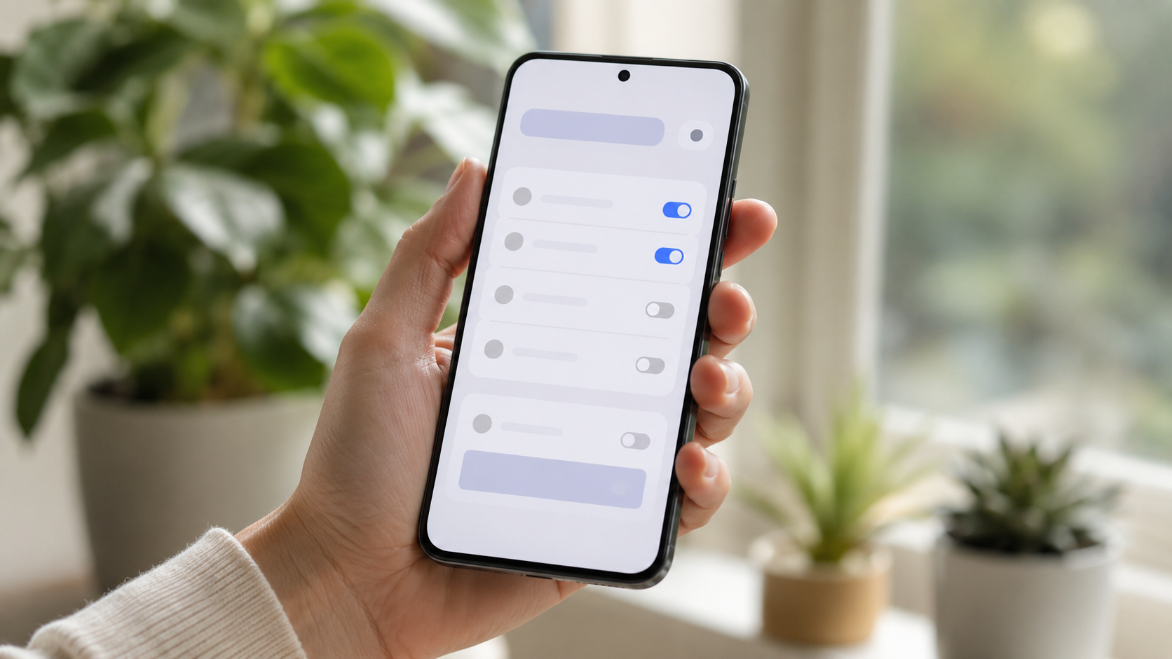 Une main tient un téléphone montrant un écran de réglages abstrait près d'une fenêtre, plantes floues en arrière-plan
