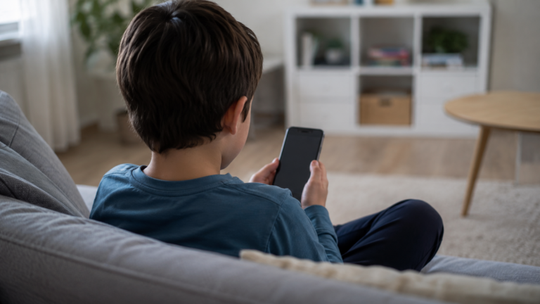 Un enfant vu de dos, assis dans un salon, tenant un smartphone sombre dont l'écran n'est pas lisible
