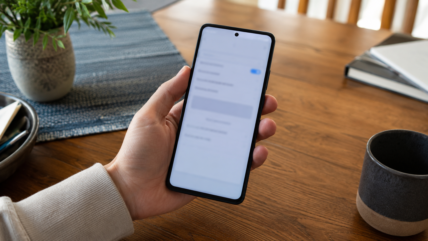 Main d'adulte tenant un smartphone au-dessus d'une table en bois, écran affichant une interface de réglages floue et sans texte lisible